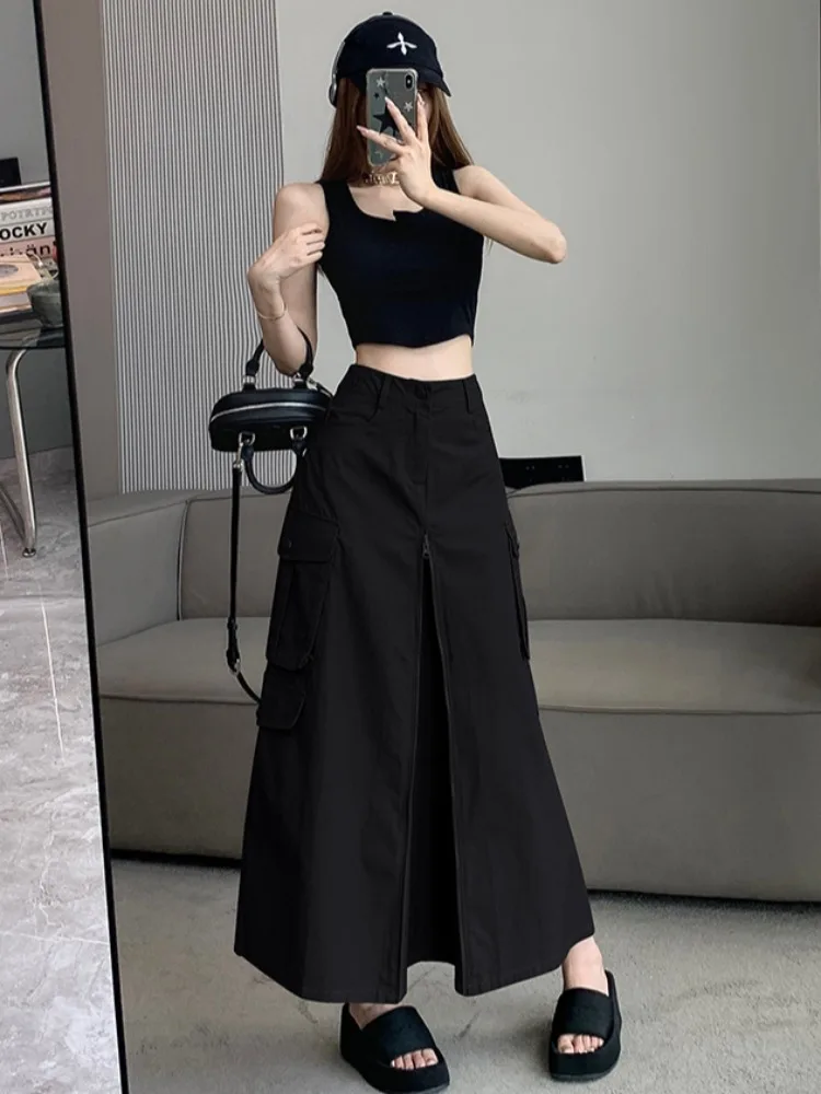 Women\'s Green Denim Cargo Skirt Y2k Elegant Streetwear A-Line Long Skirt Harajuku Korean Vintage 90s High Waist Skirts Clothes