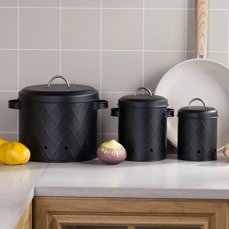 

Kitchen Food Container Storage Bins Box,Set of 3 Canisters for Potatoes Onions Garlic Container,Vegetable Fresh Organizer,Black