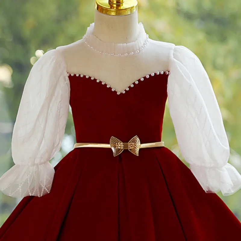 Niemowlę dziewczynka księżniczka złoty aksamit perłowa sukienka bufiasty rękaw niemowlę maluch dziecko kokarda pas Vestido świąteczne ubrania dla dzieci 1-12Y — zdjęcie 5