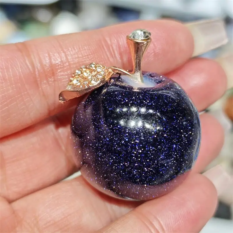 Natural Blue Goldsand Stone Yellow Fire Quartz Hematoid Apple Carving Healing Reiki Figurine Crafts Home Decorat Gift 1PCS
