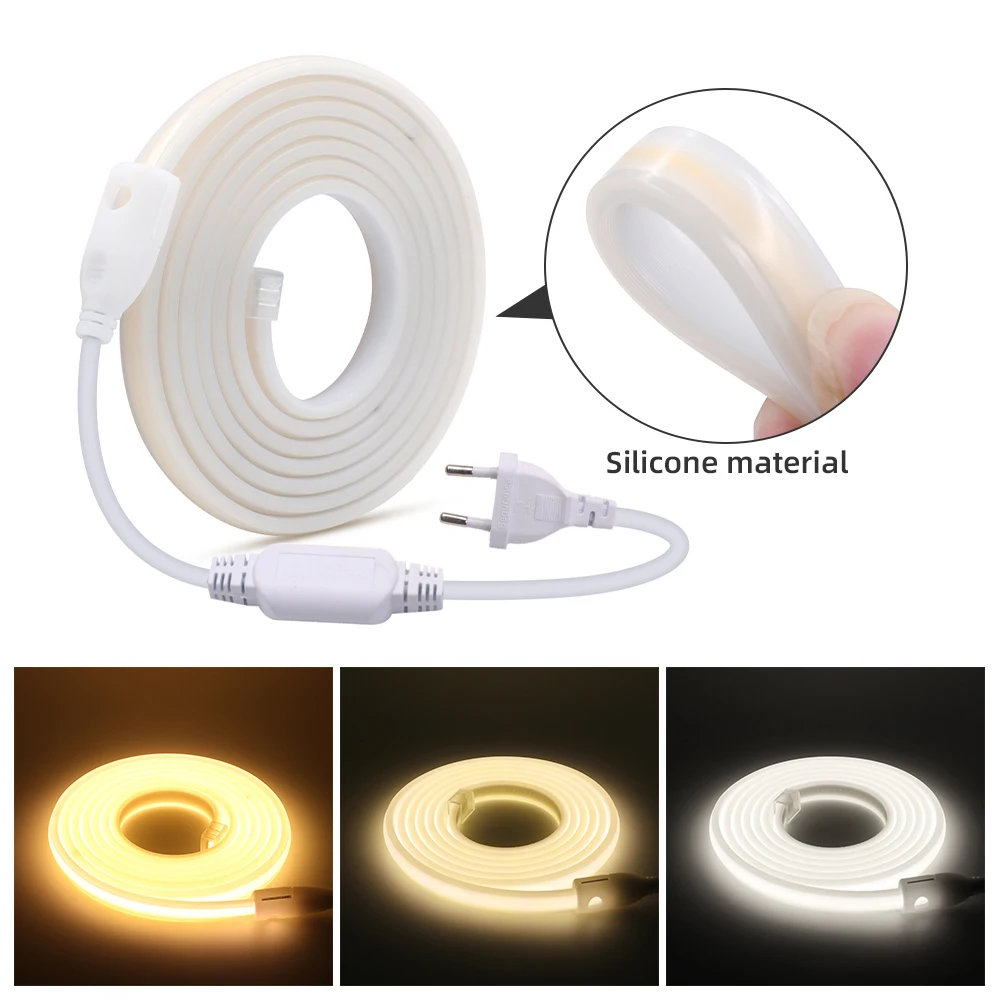 

0.5-100m 220V COB LED Strip Silicone Neon Light 288LEDs/m Flexible LED Tape RA85 Warm/ Natural White Outdoor Home Decor + Plug