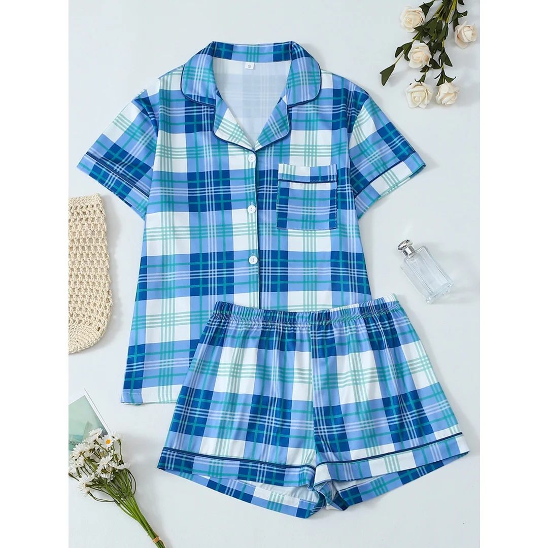 

Летний женский пижамный комплект с синим клетчатым принтом, отложным воротником, короткими рукавами и шортами, домашняя одежда, подарок на Пасху и для отпуска