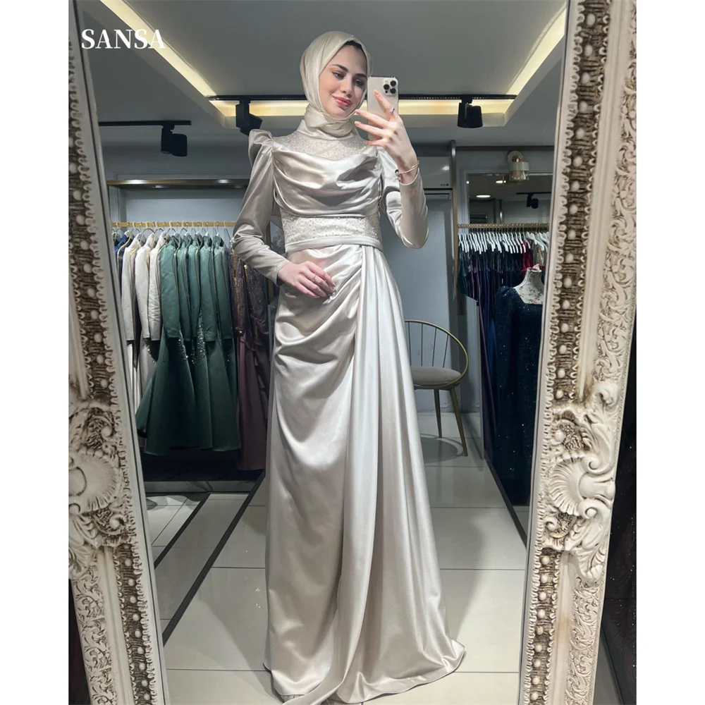 

Cathy High Neck Satin فساتين سهرة Modest Mermaid Prom Dresses Elegant Long Sleeves Floor-Length Long Train Saudi Arabia 2024