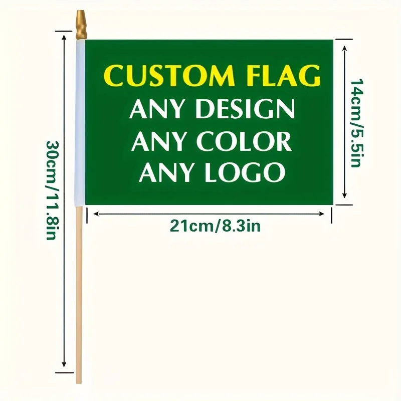 20pcs Custom Hand Flag 14x21cm with 30cm Wodden Pole For Party, Inside Outside Using