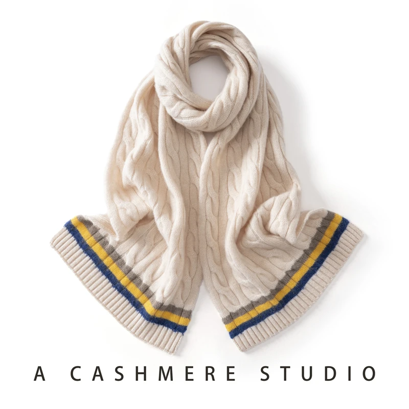 Winter New Women Twisted Flowers Scarf 100% Cashmere Knitted Scarves Color Blocked Stripes Accessories Thicken Warmer Scarf