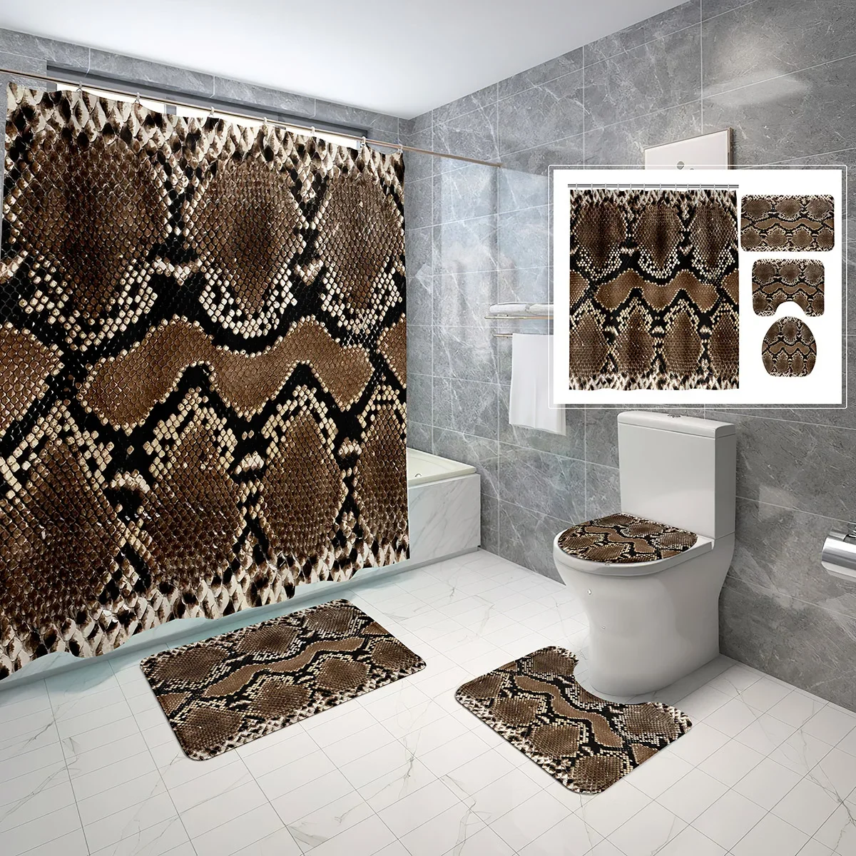 4 PCS Snakeskin Pattern Shower Curtain Sets,Animal Texture Bathroom Waterproof Bath Curtain,Non-Slip Bath Mat Toilet Cover Sets