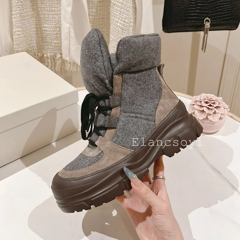 Autumn Winter Cow Suede Lace Up Short Boots Women's Thick Sole Height Increasing Ankle Botas Female Anti Slip Warm Snow Boots