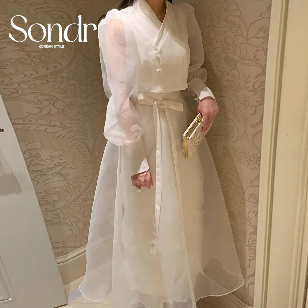

Sondr Customized Hanbok Silk Organza Korean Formal Evening Dresses V-Neck Long Sleeves A Line Prom Party Gown Lady Festival Gown
