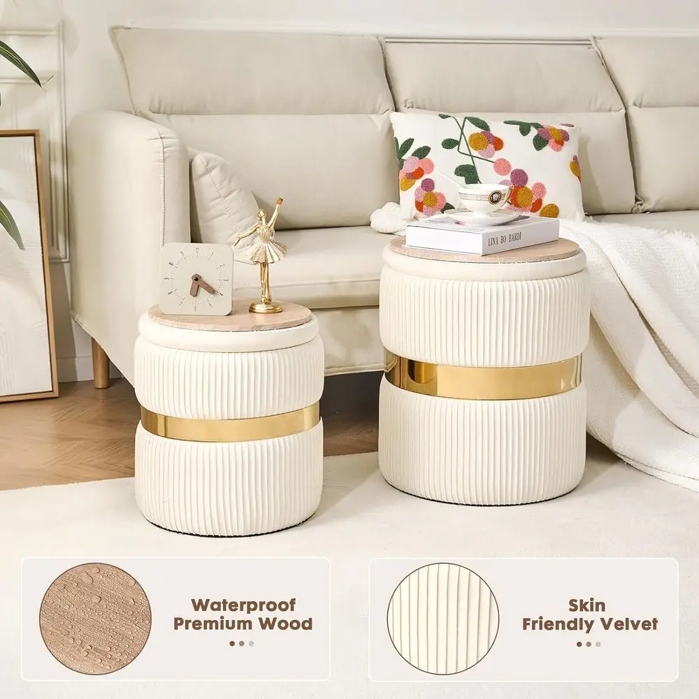 Velvet Round Ottoman with Storage Set of 2 or Living Room Small Ottoman or Living Room Small Coffee Table Vanity Stool with Stor view 6