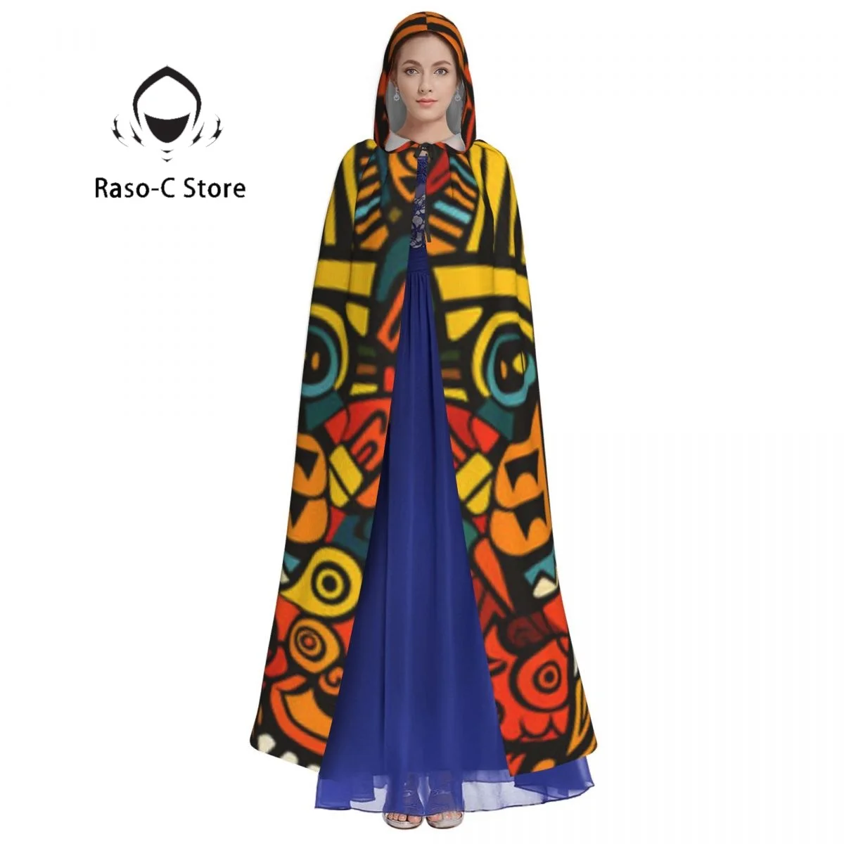 African Tribal Ethnic Mask Pattern Hooded Cloak Polyester Unisex Witch Cape Costume Accessory