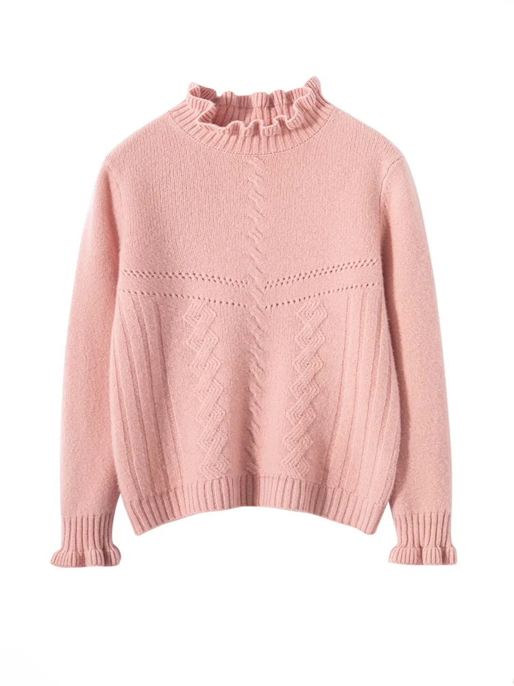 

Girls Wool Sweater Lace Mock Neck Pullover Hollowed Out Jacquard Children 100% Merino Wool Knitwear Kids Lace Sleeve Clothes Top