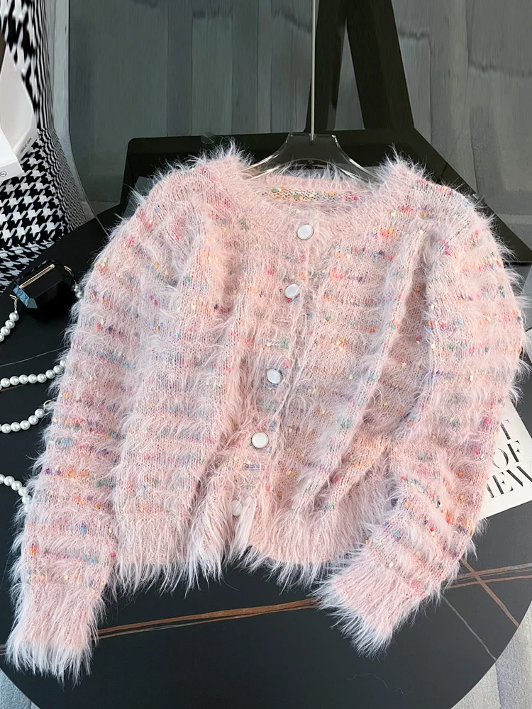 

Chic Pink Cashmere Open Cardigan Women's Winter Outerwear Light Maturity Style Commute Fashion Loose Fit Warmth Knitted Sweater