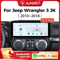 Ainavi 12.3 Inch For Jeep Wrangler 3 JK 2010-2018 Wireless Carplay Android Auto Radio Car Multimedia Player