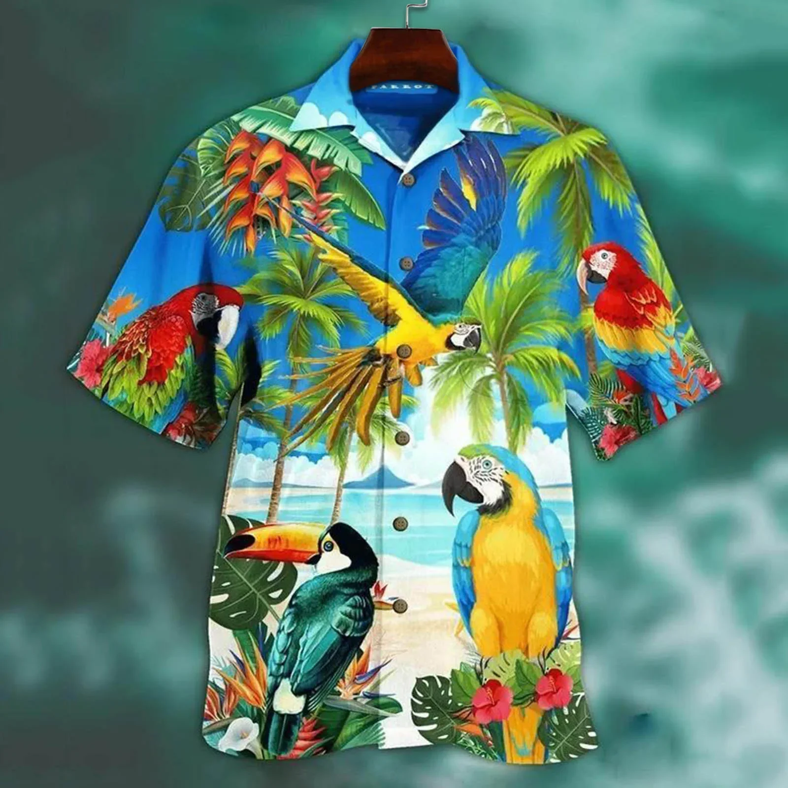 Mens Hawaiian Shirts Parrot Print Shirt For Men Summer Short Sleeve Turn-down Collar Streetwear Loose Vacation Beachwear Camisa