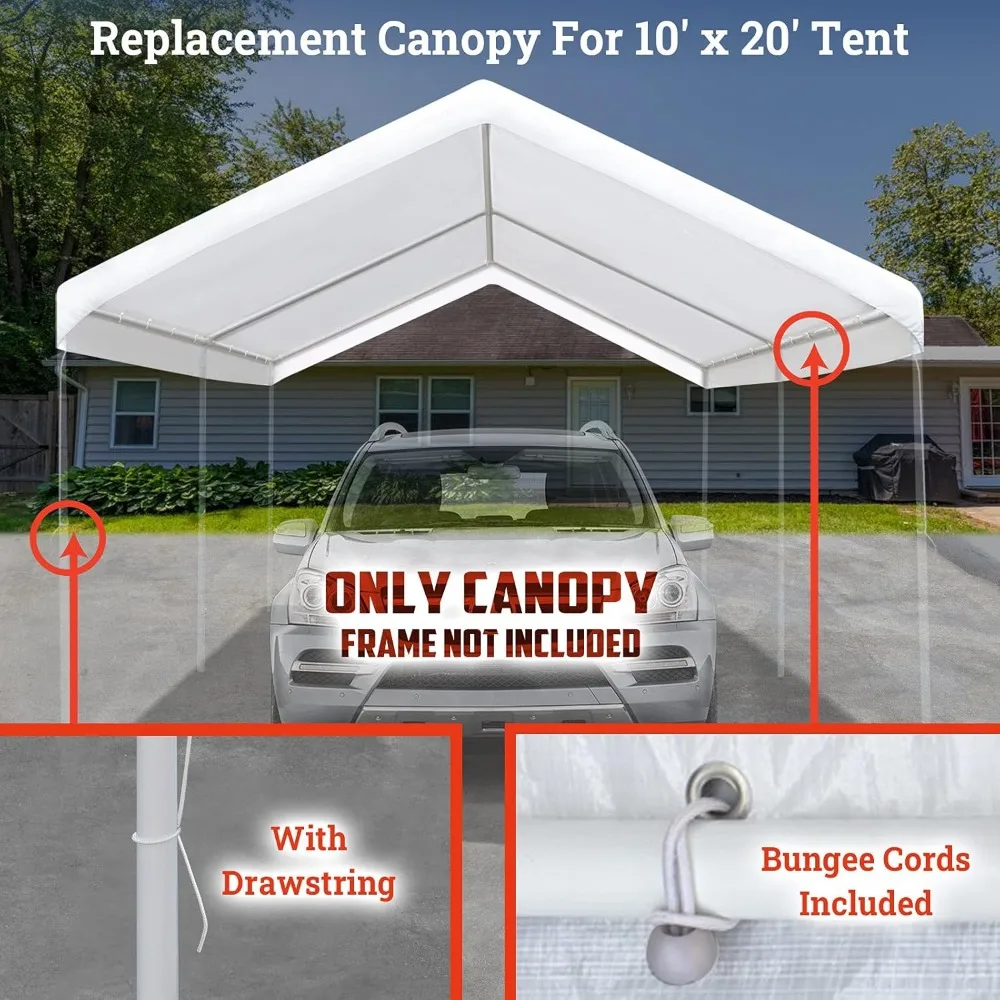 10x20' Waterproof Upgraded Carport Replacement Canopy Only Garage Top Cover Tent Shelter Tarp with Ball Bungee Cords