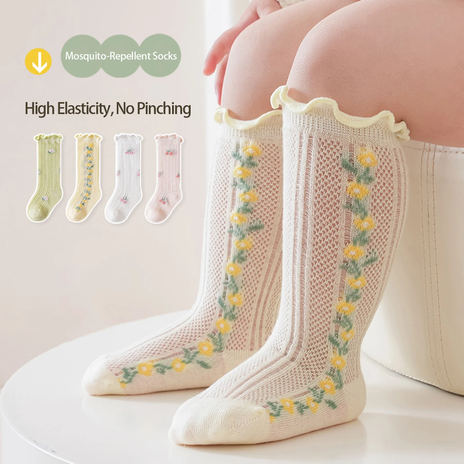 0-5 Years Baby Girls Knee High Socks Lettuce Trim Floral Breathable Mesh Stockings Newborn Dress Socks for Toddler