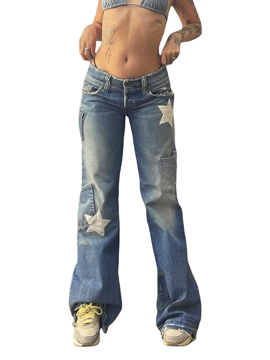 Female Jeans Star Patterns High Waist Long Straight-Leg Pants with Pockets for Spring Fall Blue Denim Slim-fit Trousers