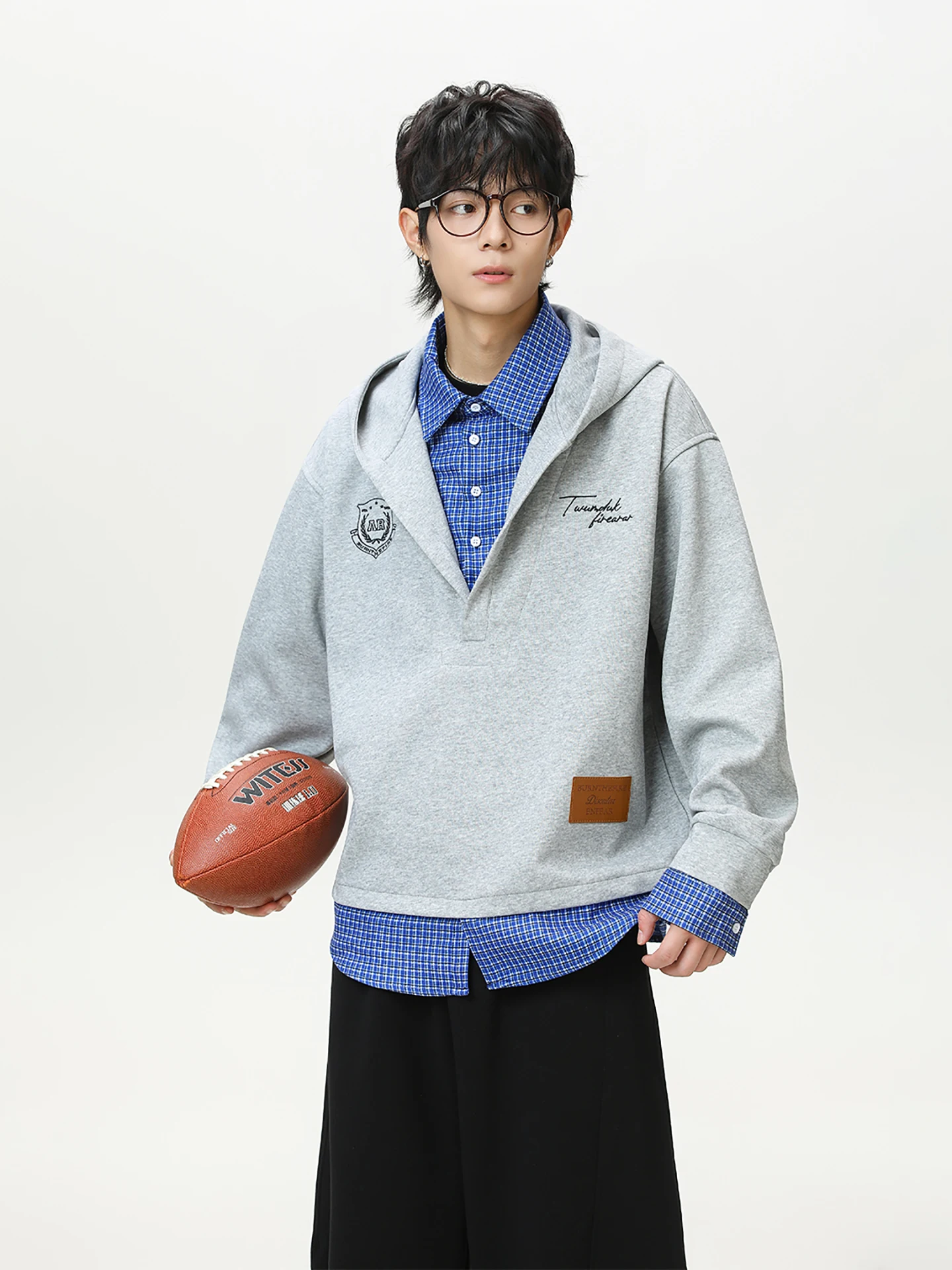 

Худи Boyue College в клетку с пэчворком, повседневное, с воротником-стойкой, удлиненными рукавами, из смесового хлопка и полиэстера, для весны, осени, зимы.