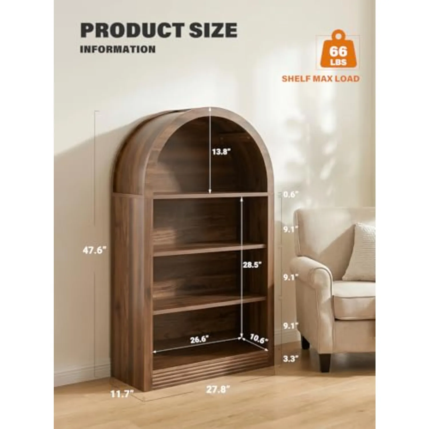 Arched Bookshelf, 47.6 inch Wood Open Bookcase, Brown | 4-Tier Tall Open Display Shelves, Durable MDF Construction
