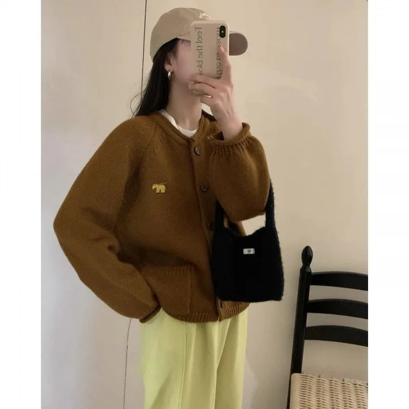 Knit Cardigan for Women 2024 Korean Loose Casual Sweaters Jacket O Neck Solid Green Casual Oversized Women\'s Cropped Cardigans