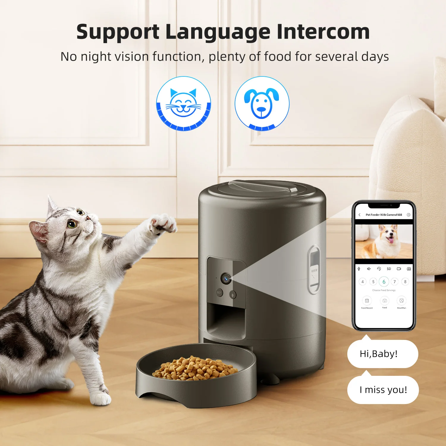 

2L Cat Automatic Feeder, Smart Cat Food Distributor, Three Models: Button Model; WIFI Model: Video Model Can Be Selected