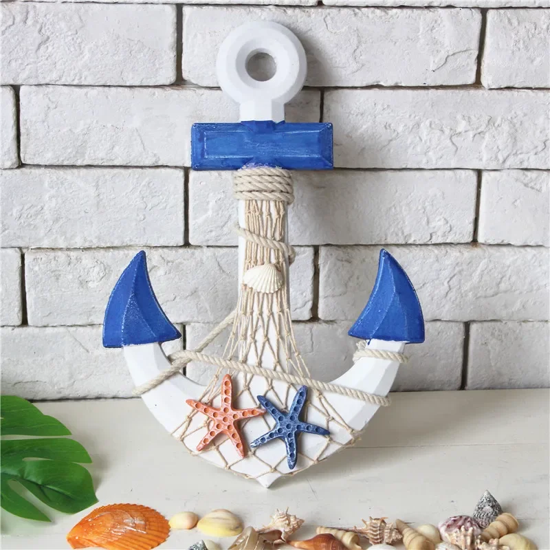 33cm Mediterranean Style Wood Anchor Ornament Nautical Decor Hanging Crafts Thermometer Wall Hanging Hook DIY Home Room Decor