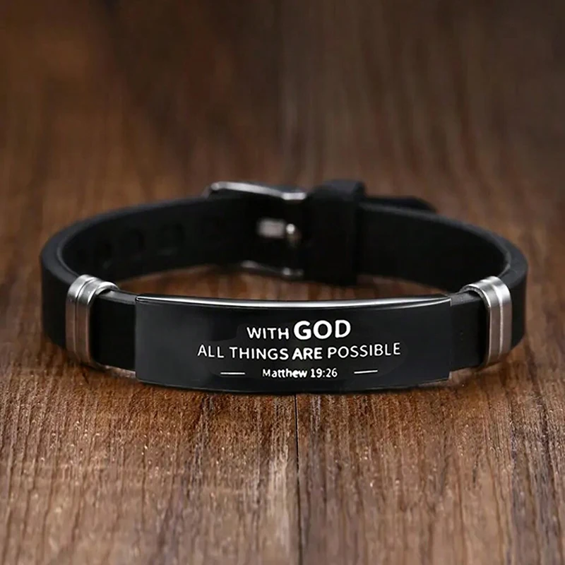 Religious Bible Verse Bracelet Black Stainless Steel Silicone Christian Bracelets For Men Women Jewelry