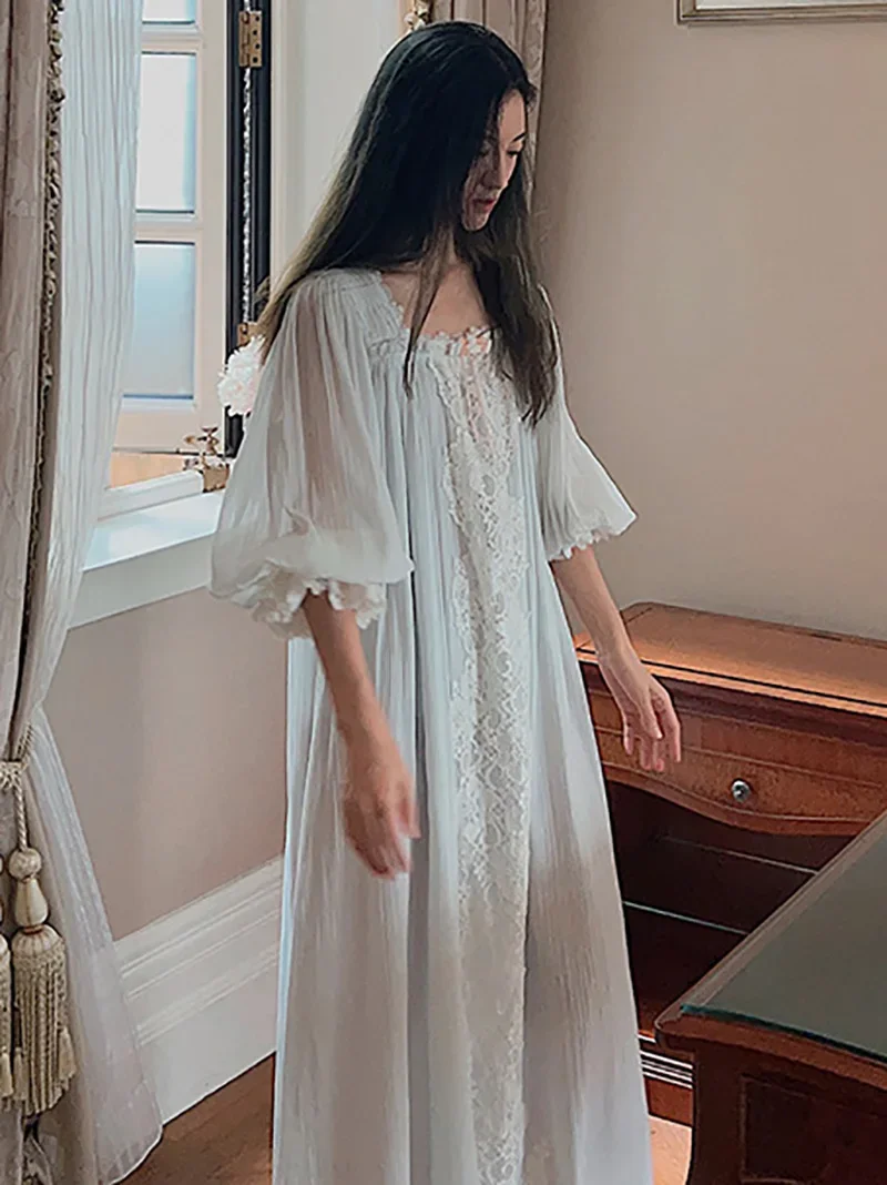 

Women Spring Autumn Pure Cotton Fairy Pajama Night Dress Vintage Princess Long Sleeve Ruffles Victorian Nightgowns Sleepwear