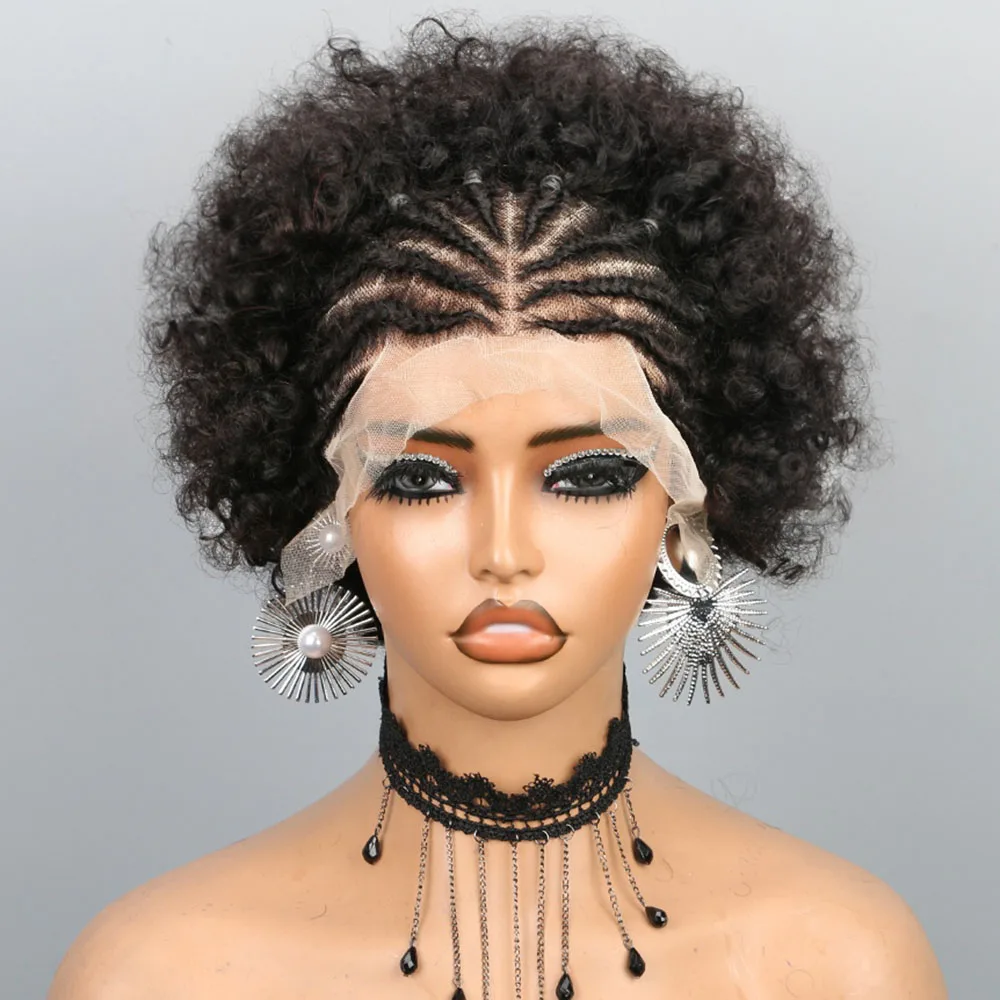 13x4 Lace Front Braided Wig for Black Women Human Hair Afro Puff Lace Frontal Hair Wigs Afro Kinky Curly Human Hair Pre Braided