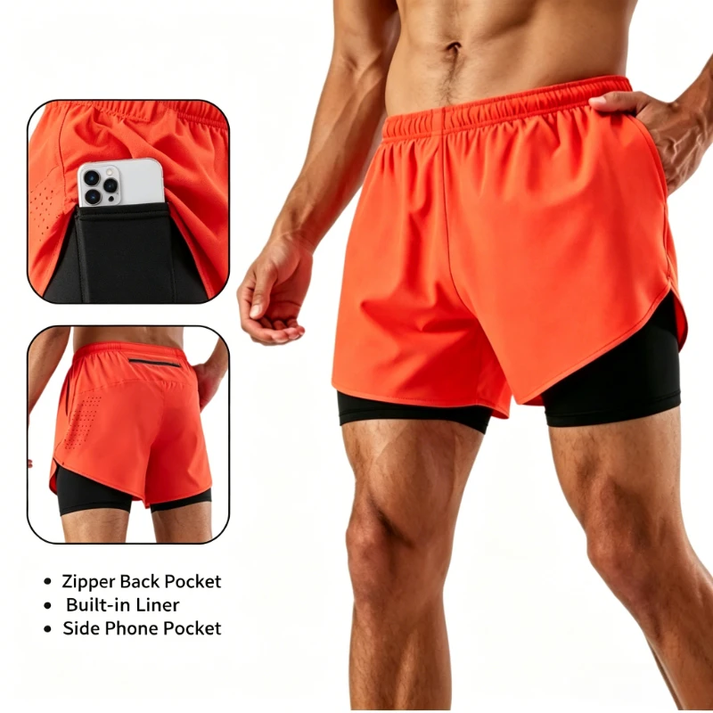 Men's 2-in-1 Running Shorts Quick Dry Anti-Chafing Gym Shorts with Zipper & Phone Pocket for Marathon Workout Loose Fit 3 Inch
