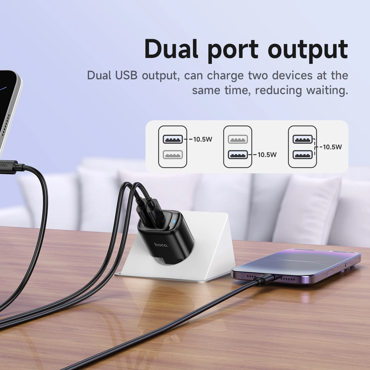 HOCO Dual USB A Phone Charging Adapter For Samsung A51 A71 EU Plug Wall Travel Charger with LED Indicator Light For Smart Watch