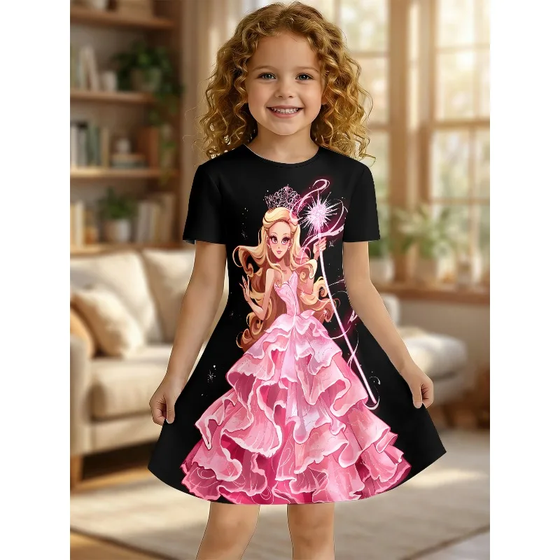 Girl's Pink Princess Magic Wand Printed T-shirt Dress Black Background Children's Party Casual Dress Suitable for Birthday Gifts