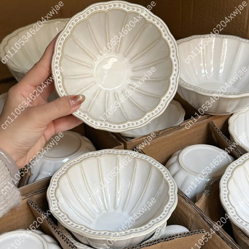 Vintage Embossed Bead Ceramic Rice Bowl Set Wabi-Sabi Style Large Soup Noodle Bowl Restaurant