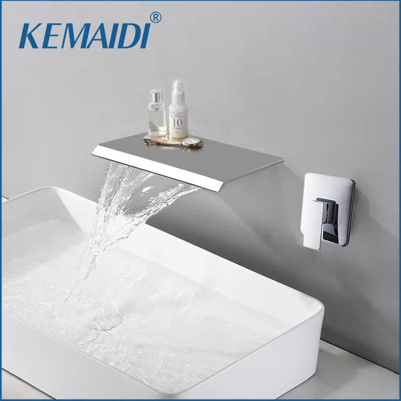 KEMAIDI Waterfall Bathroom Basin Sink Faucet  Wall Mounted Modern Faucets for Bathroom Bathtub Mixer Tap Shelf Too