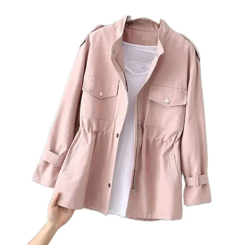 

Spring Autumn Windbreaker Women 2023 New Fashion Loose Waist Stand Collar Trench Coat Pure Colour Long Sleeve Jacket Female