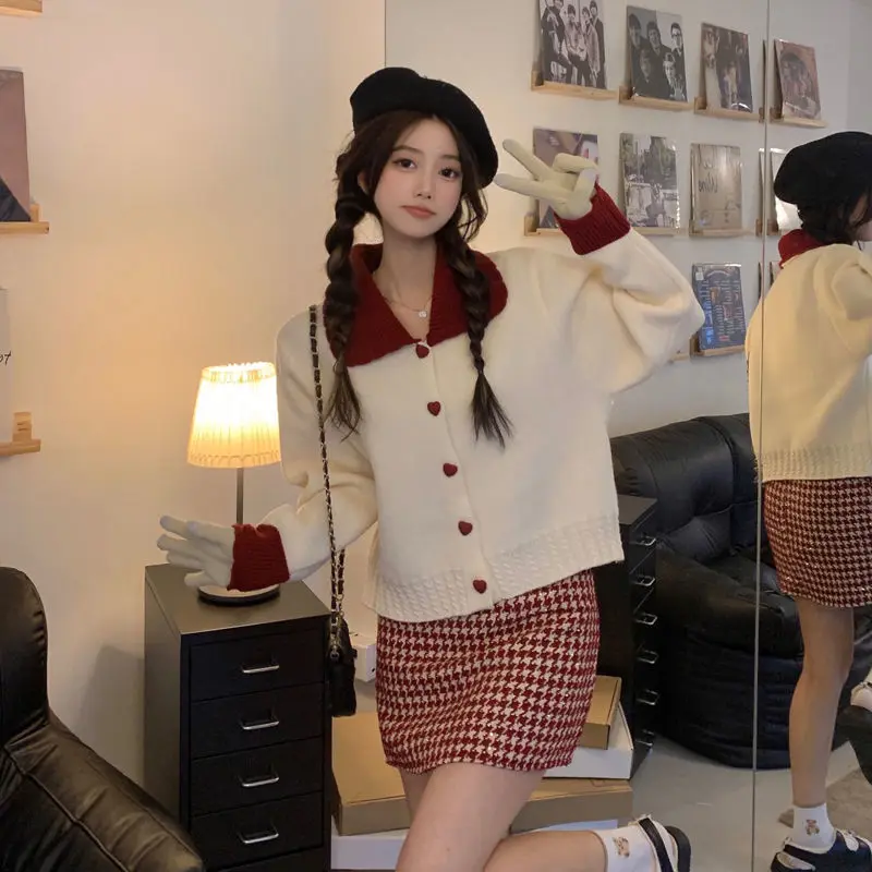 Peter Pan Collar Contrasting Colors Sweater Women Autumn Winter Loose Knitting Cardigan Sweet All-match Fashion Knitwear Tops