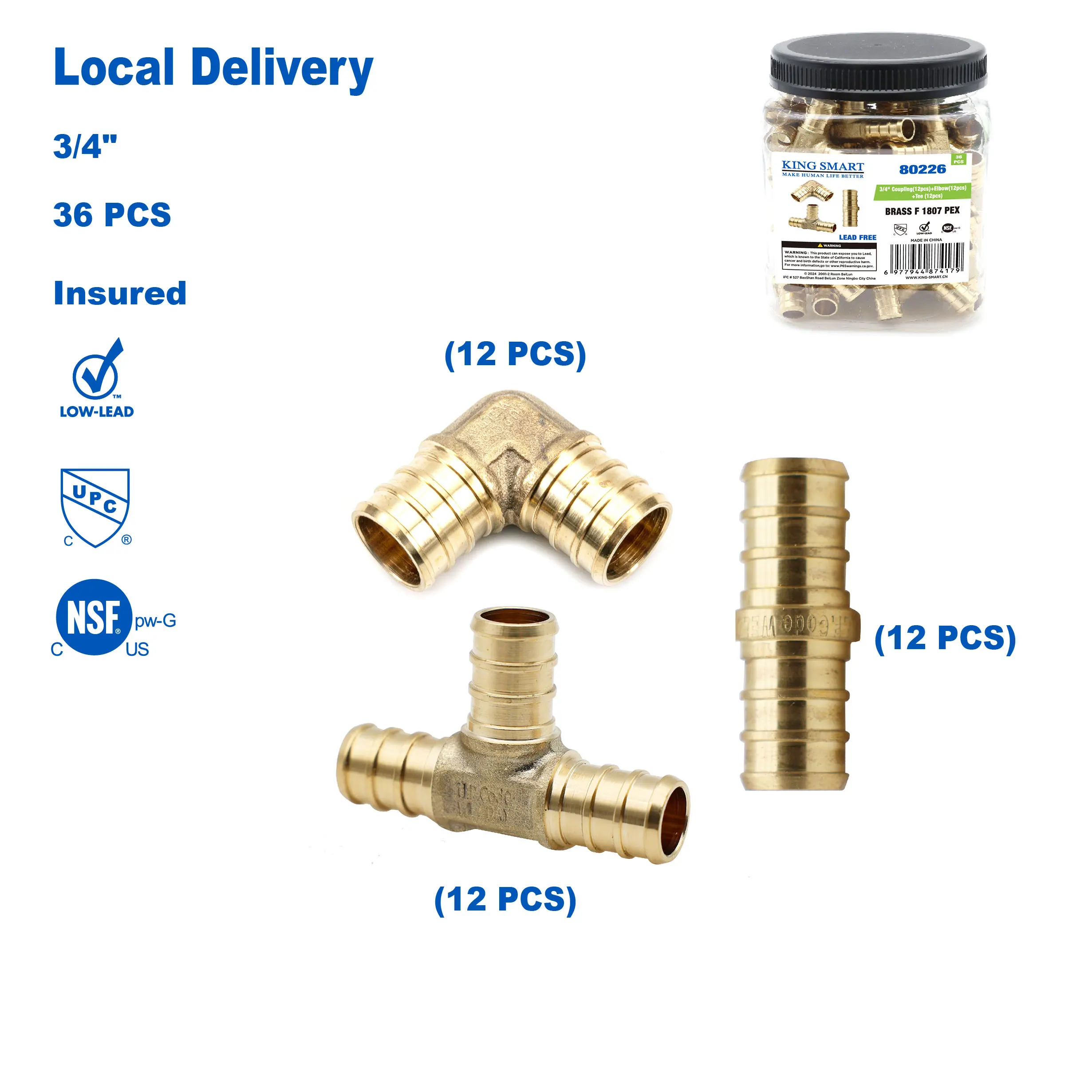 

KING SMART 3/4" F1807 PEX Tee (12Pcs), Coupling (12Pcs), Elbow (12Pcs); F1807 PEX Combo Lead Free Brass; 36 Pcs/Case; 80226