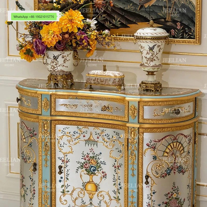 HJ New Modern High-end Hand-painted Flowers Heavy Industry Carving Gold Foil Villa Living Room Corridor Entrance Cabinet