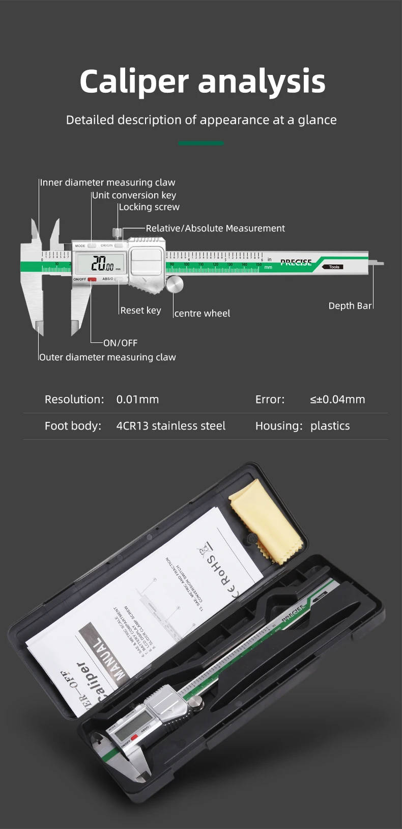 ET54 150 mm 0,01 mm elektronischer digitaler Messschieber, Edelstahl-Messschieber, Zoll mm Bruchanzeige, Mikrometer, digitales Lineal – Detail 12