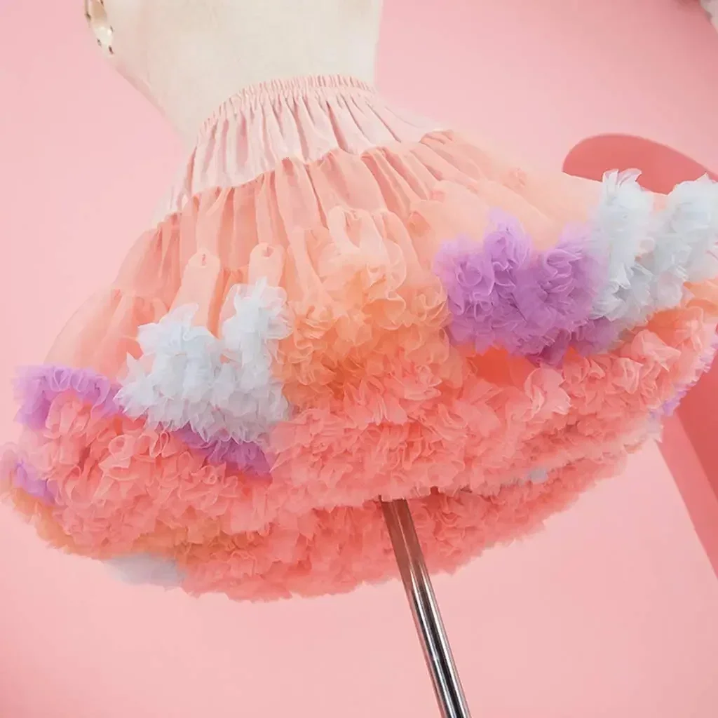 Юбка45cm Lolita Candy Colored Cloud Puffy Tutu Skirt Elastic Waist Fancy Rainbow Tulle Underskirt Boneless Bubble Petticoat