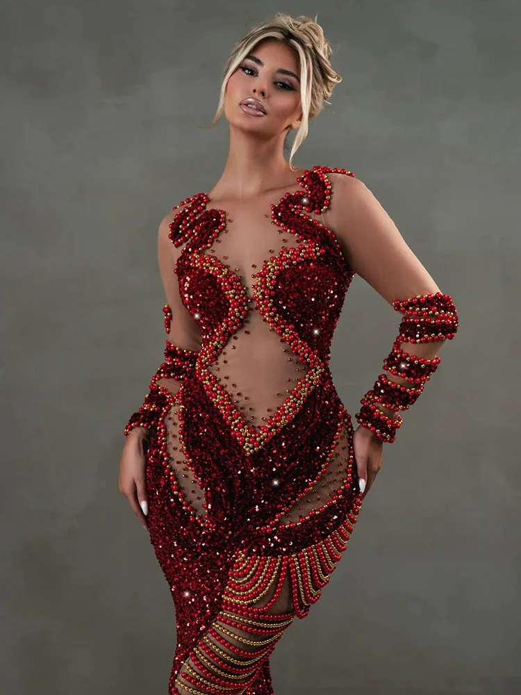 فساتين سهرة أنيقة للحفلات فيستدو أحمر لامع ترتر لؤلؤي سلسلة شفافة من خلال شبكة فستان طويل بأكمام طويلة مطرز بالخرز ماكسي #3