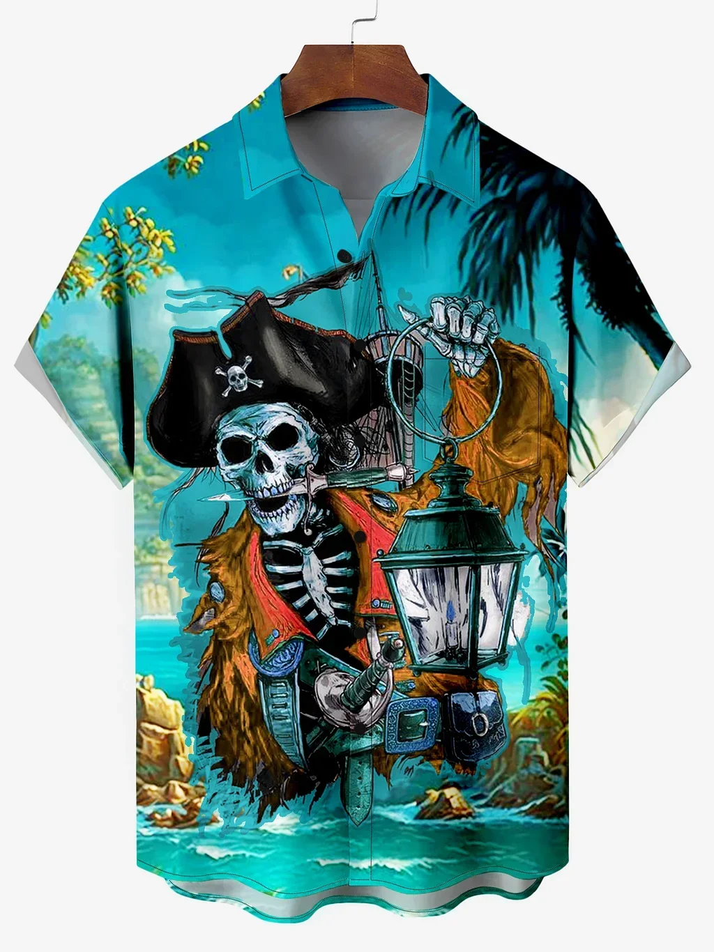 Camisa hawaiana con estampado de dibujos animados para hombre, camisa de manga corta con estampado de dibujos animados de capitán tormenta pirata y esqueleto, camisas de playa holgadas de verano para niño