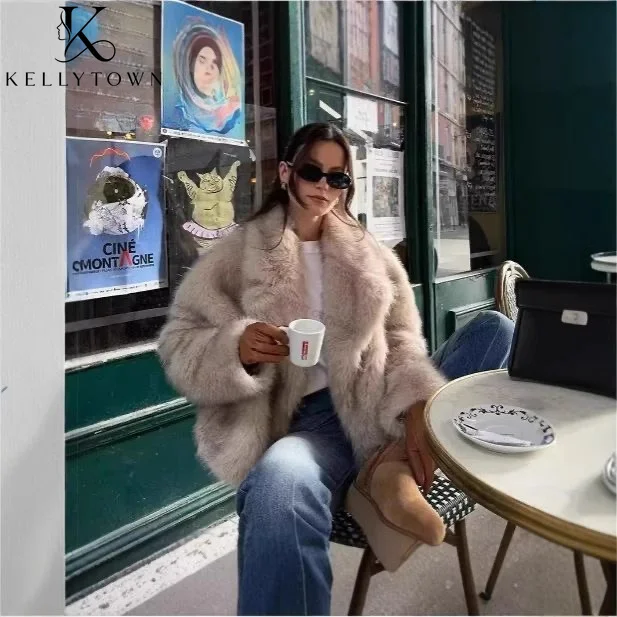 2026 Fashion Fluzzy Women's Winter Coat Luxury Oversized Faux Fur Jackets Winter Thick Warm Turn Down Collar Outerwear Tops Chic