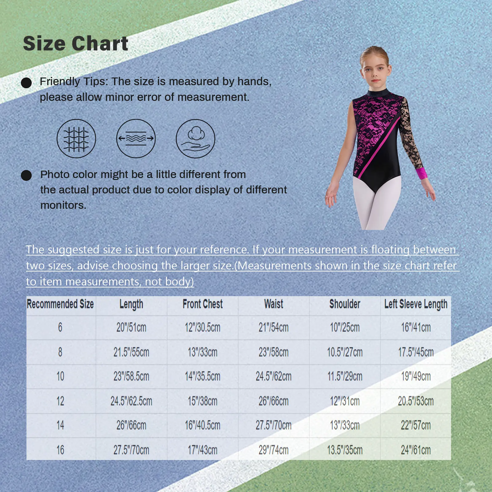 Children Girls Cutout Back Asymmetrical Lace Color Block Leotard Bodysuit for Ballet Dance Figure Skating Gymnastics Performance