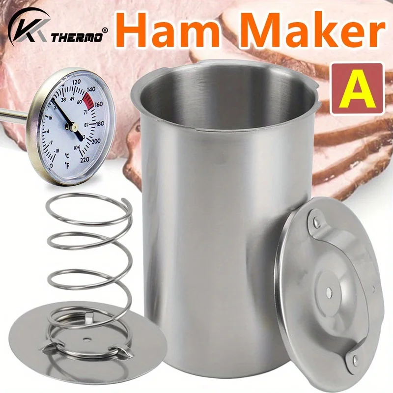Stainless Steel Ham Maker with Meat Thermometer, DIY Homemade Ham Press Mold with Spring and Lid
