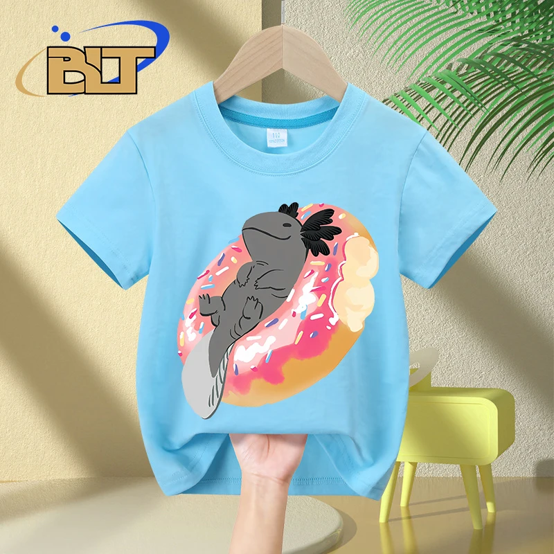 Blue cute Axolotl cartoon print kids T-shirt summer children's cotton short-sleeved casual tops for boys and girls