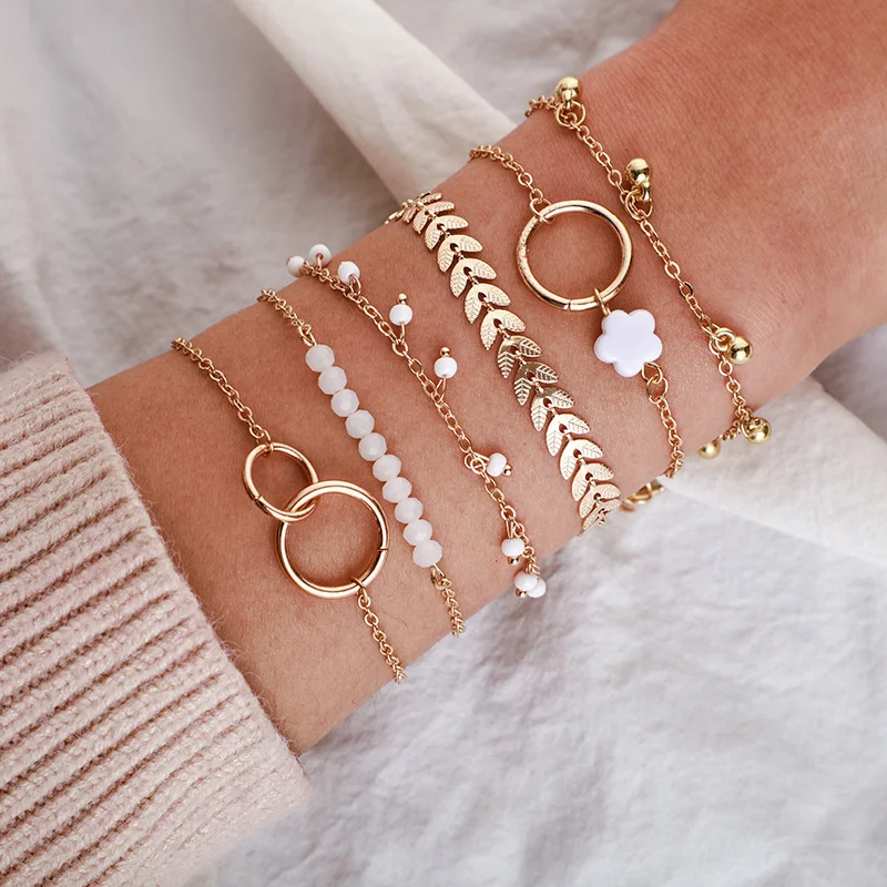 6 PCS Different Style Bracelet Leaf Gold/White Bead Charm Gold/Silver Color Chain Bracelet Women\'s Elegant Stackable Jewelry