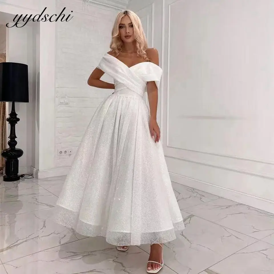 Off The Shoulder A-Line Wedding Dresses For Women 2025 Bride Sparkly Tulle Bridal Gown Simple White Gliter Vestido De Noiva