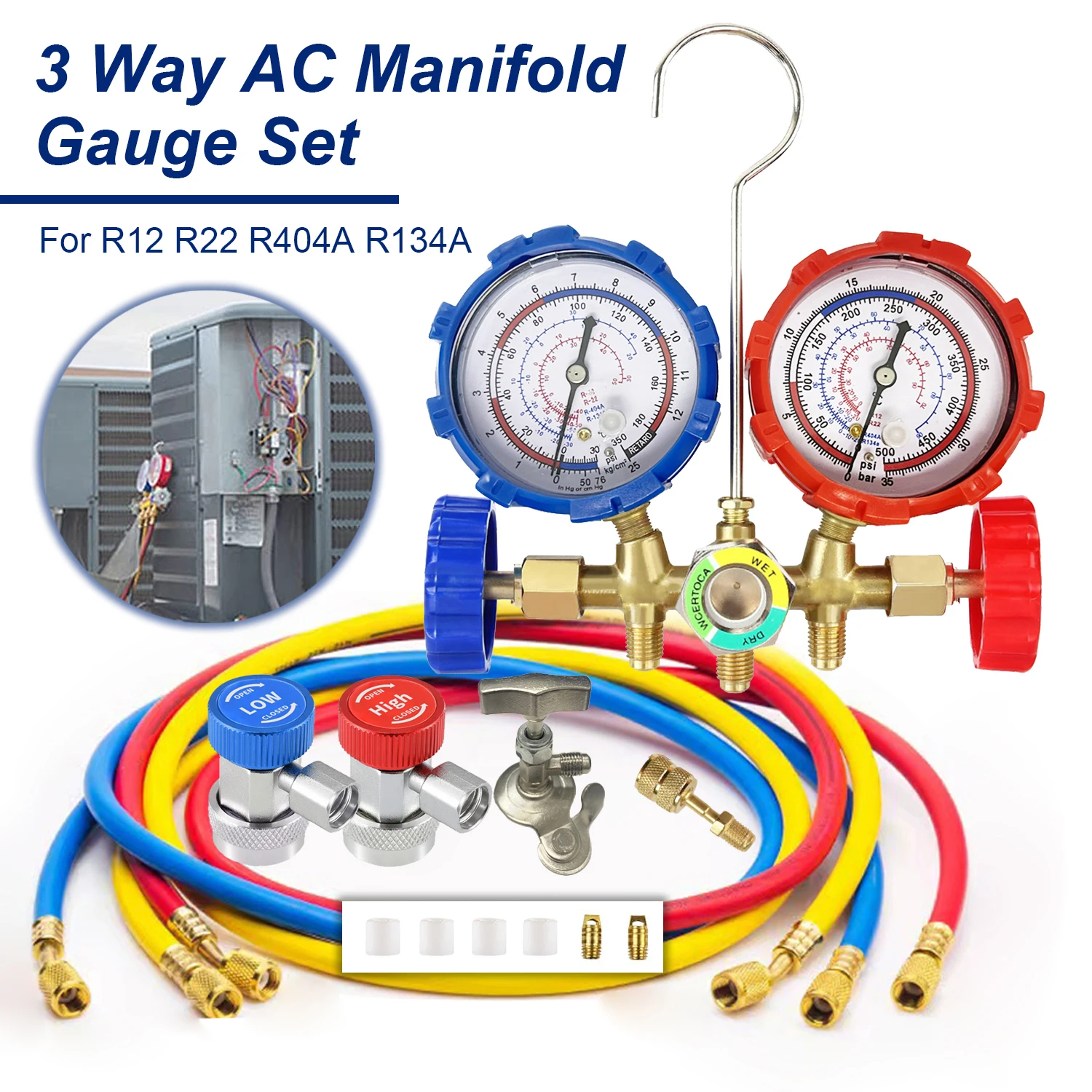 Diagnostic Manifold Gauge Set Freon For R12 R22 R404A R134a Air Conditioning Pressure Gauge R134a with Hose and Hook 3 Way AC