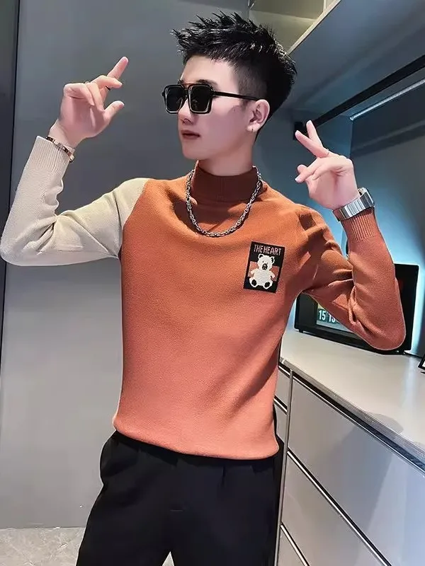 

Теплый мужской вязаный свитер с высоким воротником и длинными рукавами, модный, с цветными блоками, стильный, осенне-зимняя новинка